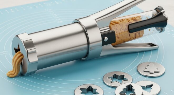 A sausage stuffer and star-shaped metal discs on a blue silicone mat close up detail view natural li