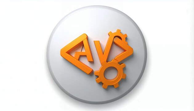 3D Rendered Orange AVS Letters and Gear Icon on White Circle.