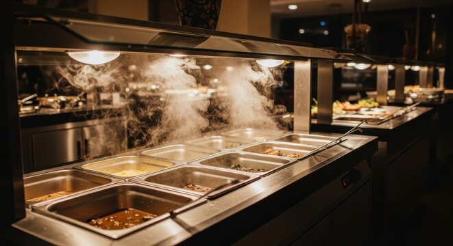 A long buffet counter with steam rising from the food compartments in a dimly lit room with warm lig