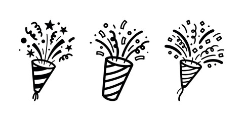 Fototapeta premium Set of hand drawn party popper icons with exploding confetti and stars for birthday celebration and festive events