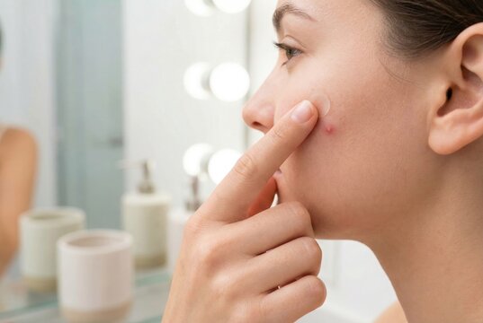 Young woman applying round pimple patch to acne spot on her cheek in bathroom