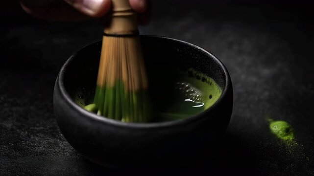 黒いスレート天板で泡のハイライトと緑の彩度を際立たせた現代演出