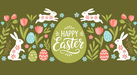 Happy Easter greeting with floral elements and cute bunnies, perfect for holiday celebrations and springtime decorations © john