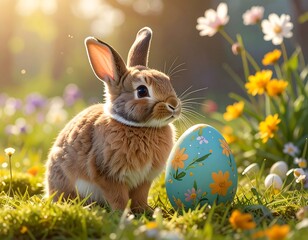 Easter Bunny with Egg in a Field of Flowers - Springtime Celebration.