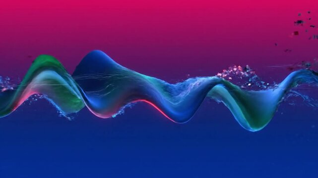 Abstract technology glitch environment with flowing distorted forms vibrant blue green and red neon flashes and scattered pixel debris Deep pink blue gradient backdrop creates high contrast cinematic 