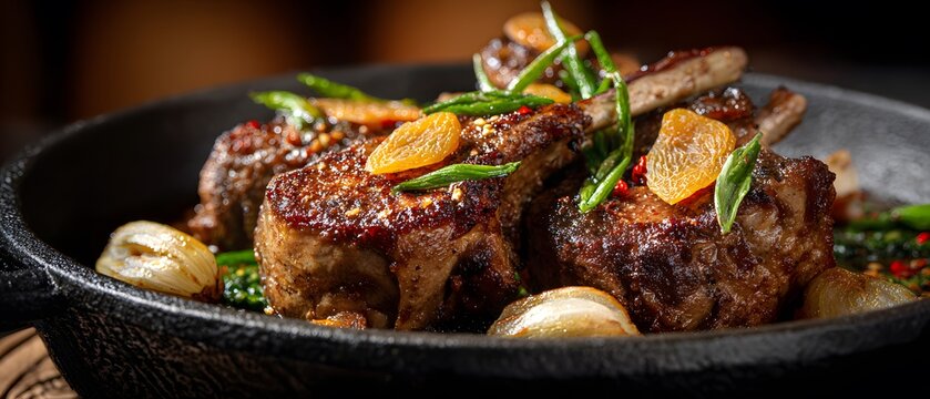 A rustic culinary tale of tender meat, vibrant greens, and sweet apricots, artfully presented in a dark skillet.