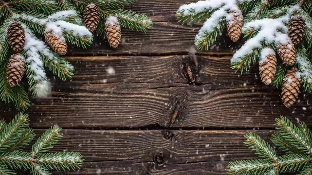 Snowy pine branches and cones on rustic wooden background