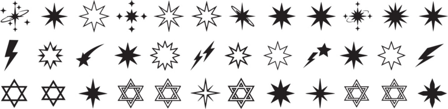 Retro Y2K Star Sparkle and Lightning Bolt Vector Icon Set