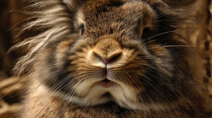 Cute fluffy rabbit with intricate fur patterns posing adorably close up against a blurred natural background