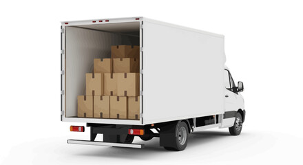 White delivery truck with open rear, loaded with cardboard boxes for shipping and moving. Isolated on white background, ready for efficient logistics and transport © john