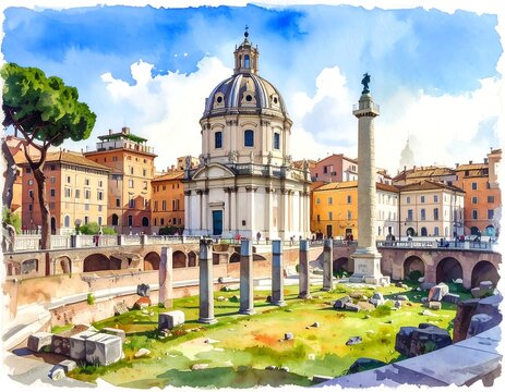 Watercolor Painting of the Trajans Forum in Rome, Italy.