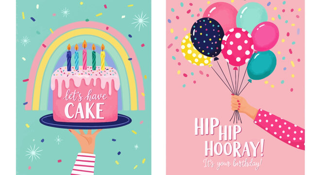 Happy Birthday Cake and Balloons Celebration with Text Let's Have Cake and Hip Hip Hooray
