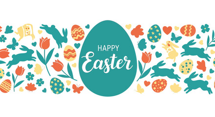 Happy Easter Holiday Banner with Flat Design Elements Bunnies, Decorated Eggs, and Spring Flowers for Festive Greetings © john