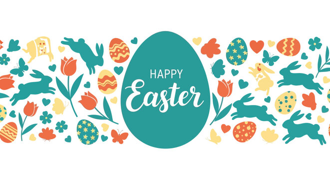Happy Easter Holiday Banner with Flat Design Elements Bunnies, Decorated Eggs, and Spring Flowers for Festive Greetings