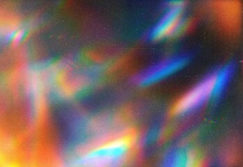 Colorful holographic light leak texture with retro film grain and rainbow haze