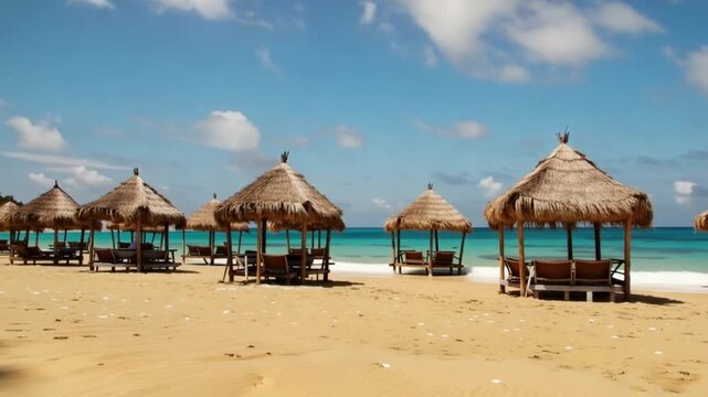 A serene beach scene with several thatched huts, lounge chairs, and a vibrant turquoise ocean under a blue sky with puffy white clouds