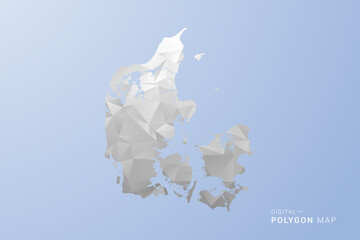 Obraz premium Denmark Map - polygon style vector illustration in gray, white and blue tone, low-poly geometric design, minimal silhouette, suitable for infographic and modern design.
