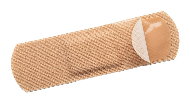Adhesive bandage, fabric plaster, sterile wound dressing, medical supply, protective covering, health care, first aid, skin tone color, on white background
