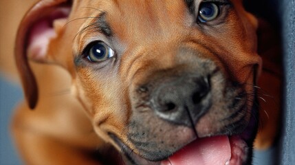 Cute and Playful Dog with Bright Eyes and Joyful Expression on a Soft Background