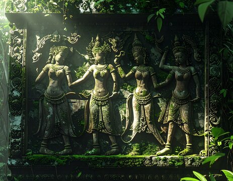 Ancient Stone Carvings of Apsaras in Lush Jungle Sunlight.