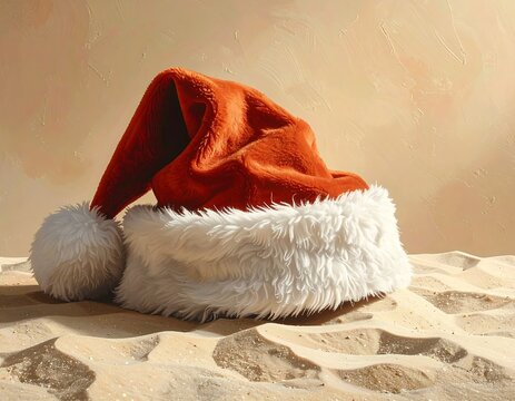 Santas Hat on the Sandy Beach - A Festive Scene.