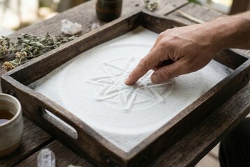 Finger drawing a sacred geometric star symbol in white sand inside a wooden zen tray