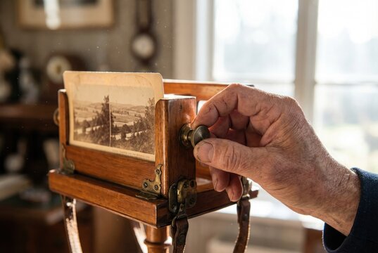 Senior hand adjusting the focus knob on a vintage wooden stereoscope viewer with old photo