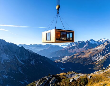 Crane Lifting a Modern Prefabricated Tiny House into a Scenic Mountain Landscape.