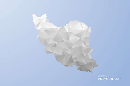 Iran, Islamic Republic of Map - polygon style vector illustration in gray, white and blue tone, low-poly geometric design, minimal silhouette, suitable for infographic and modern design.