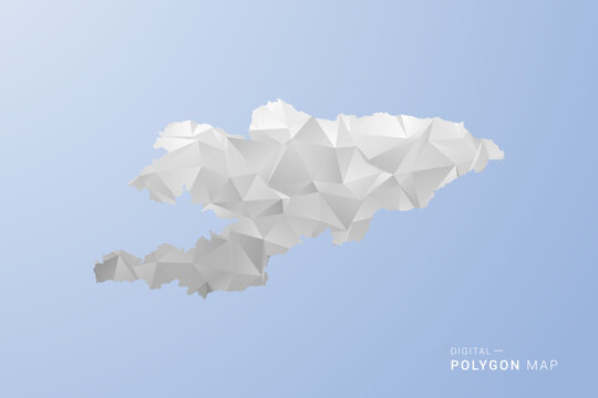 Kyrgyzstan Map - polygon style vector illustration in gray, white and blue tone, low-poly geometric design, minimal silhouette, suitable for infographic and modern design.