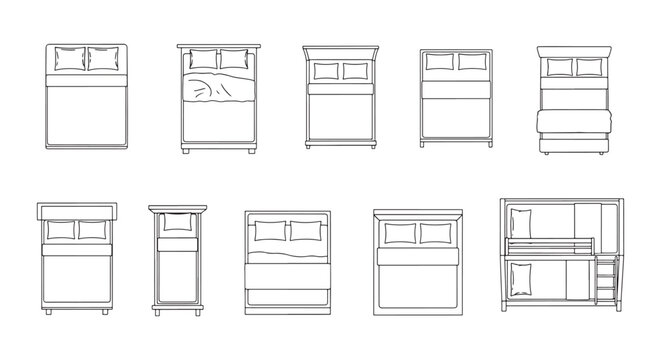 Set of Bed Icons and Floor Plan Symbols &mdash; Bunk, Double, Single and Mattress Line Art