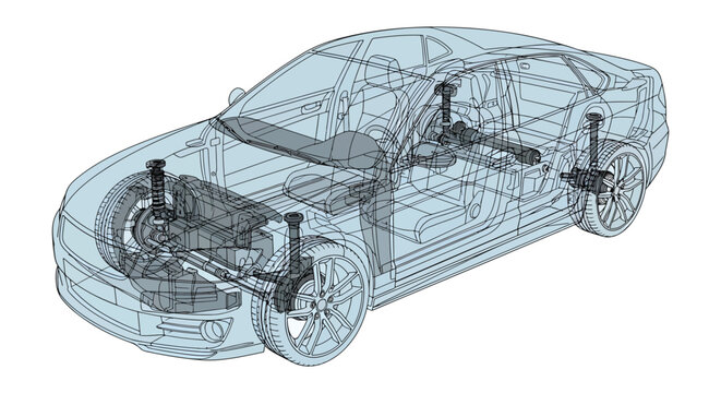 Transparent Car X-Ray Illustration Showing Engine, Chassis, Suspension and Interior Automotive Components