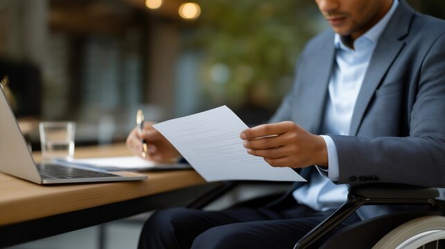 Single detail of workplace reasonable accommodation letter on HR desk beside laptop, mental disability rights being honored, ideal for employment protection, ADA compliance, and contemporary