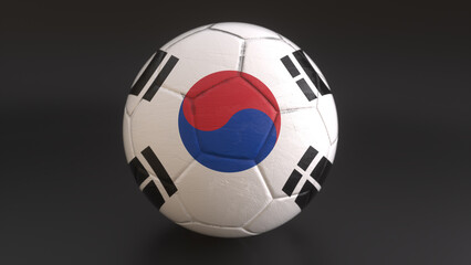Obraz premium Soccer ball with South Korea flag design on dark background, 3D render sports concept