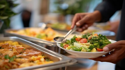 Obraz premium Slimming group coordinator arranging healthy potluck spread in community center, members contribute favorite recipes demonstrating sustainable eating strategies, perfect for social eating,