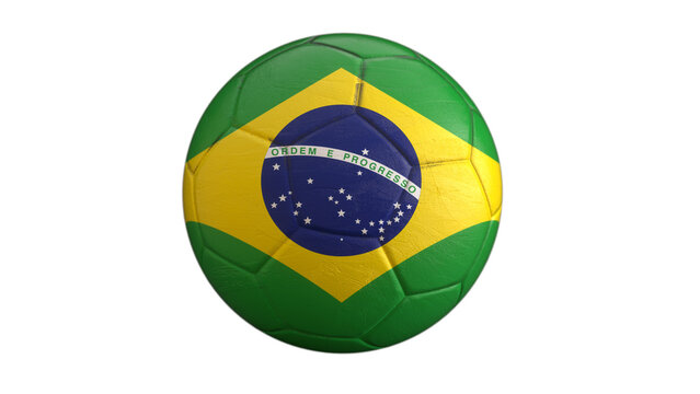 Brazil flag soccer ball isolated on light gray background, national football concept, 3D sports illustration