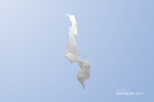 Malawi Map - polygon style vector illustration in gray, white and blue tone, low-poly geometric design, minimal silhouette, suitable for infographic and modern design.