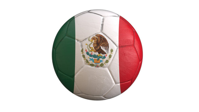 Mexico flag soccer ball isolated on light gray background, national football concept, 3D sports illustration