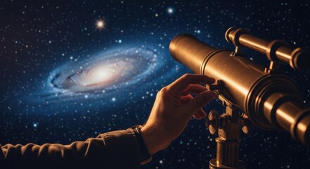 Naklejka premium Hand Adjusting Telescope for Stargazing with Galaxy Background