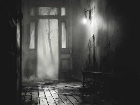 A ghostly white figure stands behind a glass door in a dark, abandoned hallway. Dim light illuminates the peeling walls and wooden floorboards.