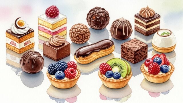 Variety of cakes and desserts on a white surface