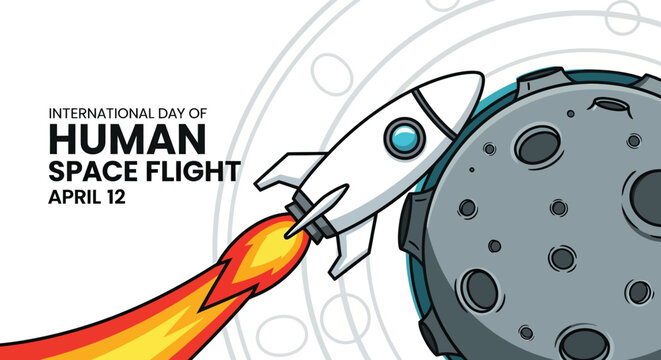 Cartoon rocket ship approaching space station with flames and human space flight text