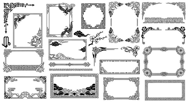 Traditional Asian Decorative Frame and Border Vector Set with Nature and Geometric Motifs, Isolated White Background