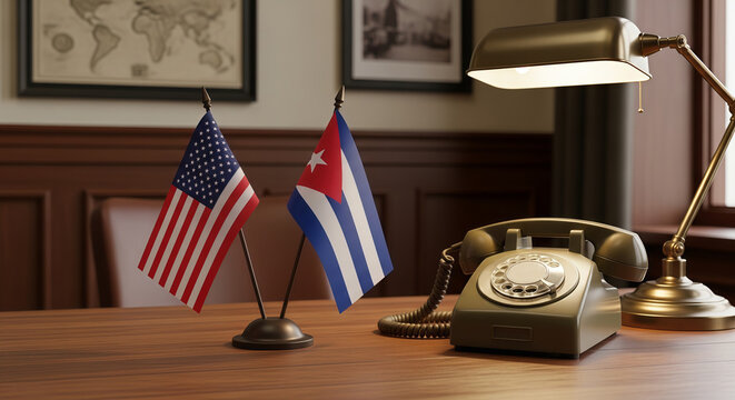 American and Cuban flags standing on office desk next to vintage rotary phone. Diplomatic negotiations and geopolitical shift between nations. Historical agreement and international policy.