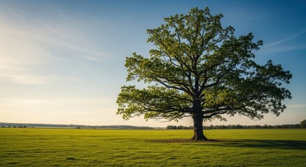 Solitary Tree in Golden Hour Light on a Vast Green Meadow
