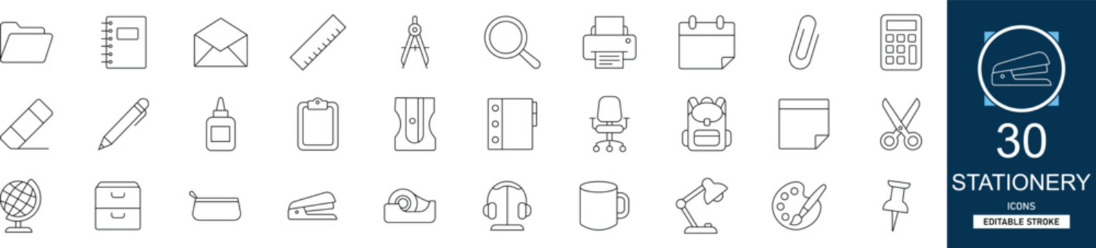 Stationery line icon set with 30 icons stationery, office supplies, school, writing, notebook, pencil, desk, workspace. Clean linear vector, editable stroke for office web projects.