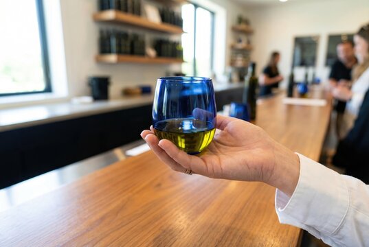 Person holding a blue tasting glass filled with olive oil during a sensory evaluation