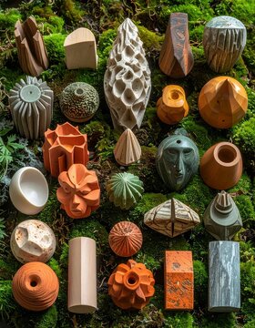 Collection of Abstract Sculptures on Mossy Forest Floor.