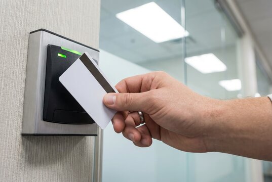 Hand swiping a blank white electronic keycard at a wall mounted access control reader