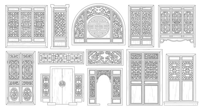 Set of traditional Asian architectural door and window designs with intricate carved patterns, presented on an isolated white background.